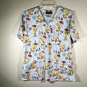 Looney Tunes Tweety Bird Christmas Scrub Top Size M Women's White Multicolor